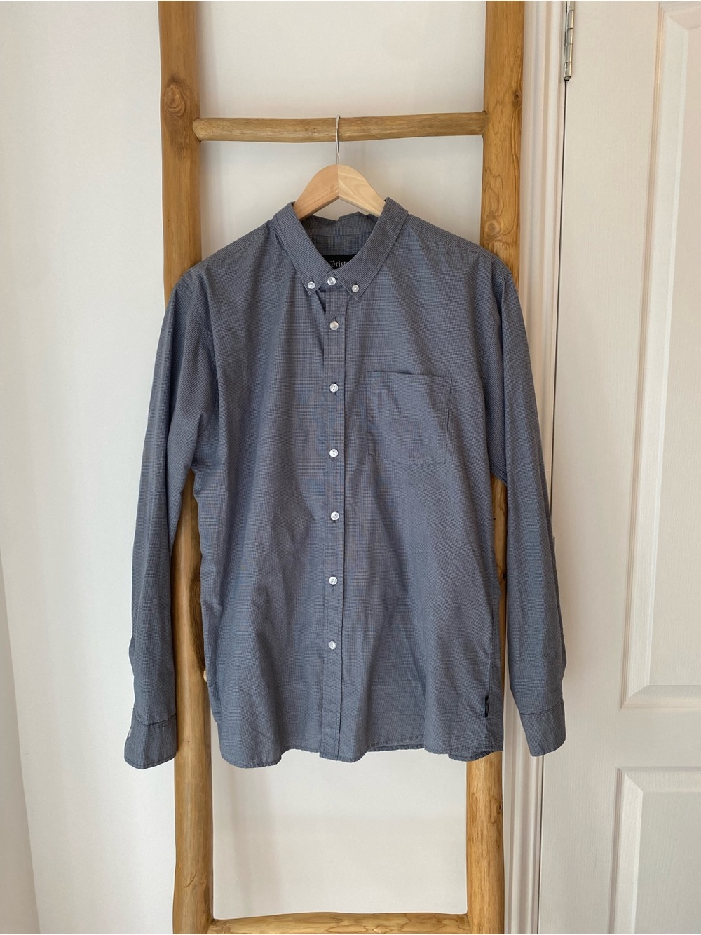 Brixton Button Down Shirt Mens L Blue Micro Check Cotton Blend Long Sleeves